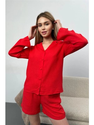 Coccolarsi Effetto Lino Kırmızı Uzun Kol Şort Pijama Takımı
