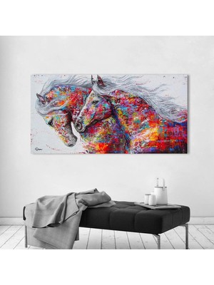 Şehzat Oturma Odası Için Yağlı Boya Görünümlü Atlar Kanvas Tablo