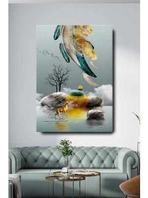 Şehzat Dekoratif Soyut Altın Geyik Tüy ve Taş Sürreal Kanvas Duvar Tablosu