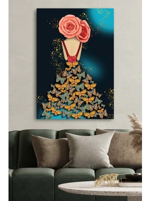 Şehzat Kanvas Tablo Baskılı Dekoratif Gül Kafalı Kelebek Etekli Kadın Ev Ofis Otel Dekor Hediyelik Tablo