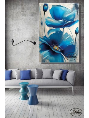 Şehzat Tekli, Dikey, Kanvas, Dekoratif, Duvar, Tablosu , Yağlıboya Efektli, Mavi Gelincikler, Çiçekler,