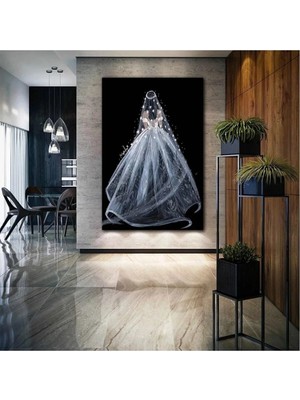 Şehzat Sırtı Dönük Beyaz Işıltılı Gelinlik Giymiş Kadın Moda Dekor Gelinlik Kanvas Tablo AR030239