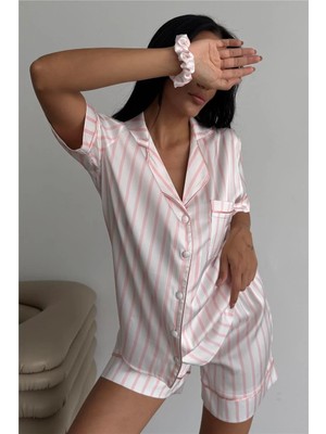 Coccolarsi Strisce Rosa Chiaro Saten Kısa Pijama Takımı