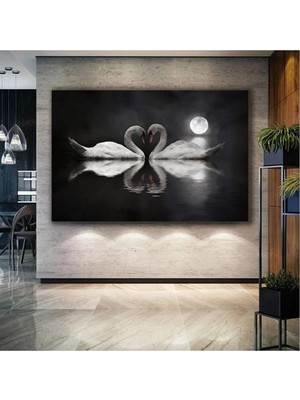 Şehzat Kuğu Çifti ve Kalp Ay Işığı Alında Aşk Love Zarafet Doğa Manzara Hayvan Kanvas Tablo AR030216