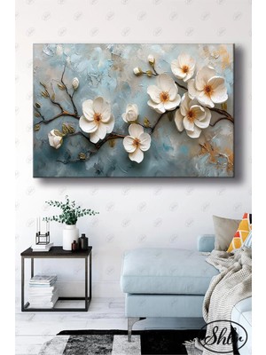 Şehzat Tekli Yatay Dekoratif Kanvas Tablo Salon Yatak Odası Kafe Ofis 3D Beyaz Çiçekler