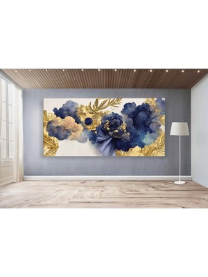 Şehzat Soyut Mavi Altın Çiçek Muhteşem Dekoratif Kanvas Tablo