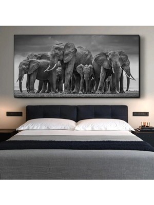 Şehzat Modern Siyah Afrika Fil Sürüsü Kanvas Tablo