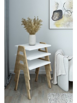 3’lü Zigon Sehpa Takımı Beyaz Safir Meşe Modern ve Fonksiyonel Orta Sehpa Dekoratif