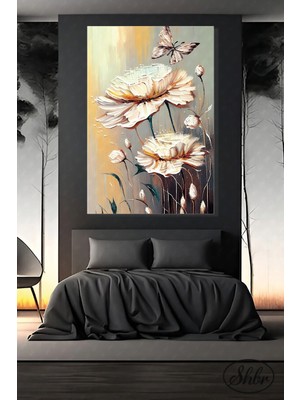 Şehzat Tekli Dikey Kanvas Salon Yatak Odası Mutfak Ofis Duvar Tablosu Soyut Sanat Beyaz Çiçek