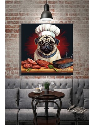 Şehzat Tekli Kare Kanvas Dekoratif Duvar Tablosu , Ahçı Izgara Yapan Köpek, Pug,