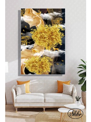 Şehzat Tekli Dikey Kanvas Dekoratif Duvar Tablosu Soyut Geometrik Gold Efekt Hayvanlar Ağaçlar