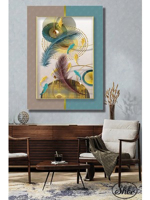 Şehzat Tekli Dikey Kanvas Dekoratif Duvar Tablosu Soyut Geometri Illüstrasyon Tüy ve Balıklar 3D