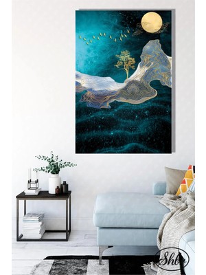 Şehzat Tekli Dikey Kanvas Dekoratif Duvar Tablosu Soyut Veranda Altın Çizgiler Modern Sanat