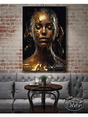 Şehzat Tekli Dikey Kanvas Tablo Gold Efekt Güzel Kadın Portre Dekoratif Kanvas Duvar Tablosu