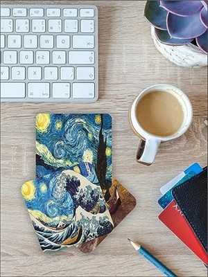 Calperia Van Gogh Temalı Ahşap Bardak Altlığı, 6'lı Set (9X9CM)