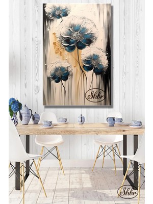 Şehzat Tekli, Dikey, Kanvas, Dekoratif, Duvar, Tablosu , 3D Mavi Beyaz Çiçekler,