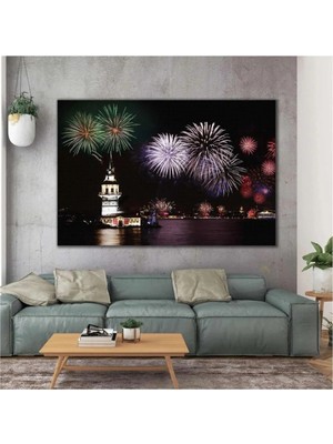 Şehzat Istanbul Kız Kulesi Gece Işıklar Içinde Havayi Fişek Gösterisi Kanvas Tablo AR030190