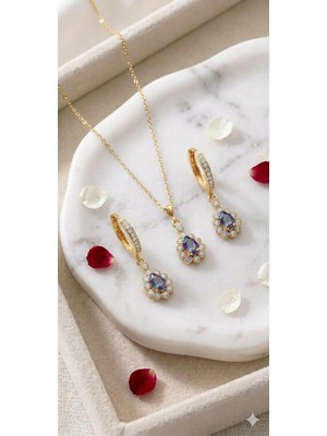 Papatya Silver 925 Ayar Kişiye Özel Doğum Taşlı Damla Taşlı Safir Yakut Zümrüt Kolye Küpe Set.rose.gold.rodaj