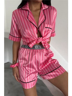 Coccolarsi Strisce Rosa Scuro Saten Kısa Lastik Bel Pijama Takımı