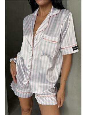 Coccolarsi Strisce Rosa Chiaro Grigio Saten Kısa Lastik Bel Pijama Takımı
