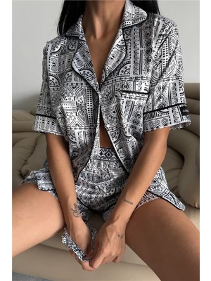 Coccolarsi Disegno Tradizionale Saten Kısa Lastik Bel Pijama Takımı 03