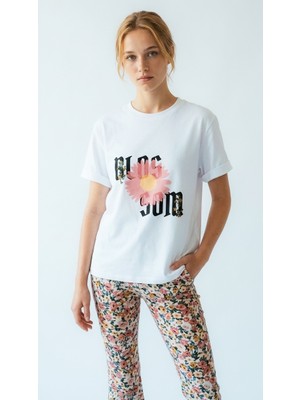Hoxie Kadın Beyaz Blossom Baskılı Kısa Kollu Oversize Tişört