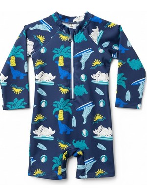 Minipodyum Erkek Bebek Yüzücü Mayosu Uzun Kollu Dinazor Desenli