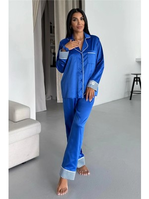 Coccolarsi Liscio E Quadri Saks Mavisi Saten Uzun Pijama Takımı