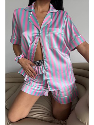 Coccolarsi Strisce Rosa Menta Saten Kısa Lastik Bel Pijama Takımı