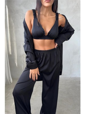 Coccolarsi Vento Della Notte Siyah Saten Uzun Üçlü Pijama Takımı