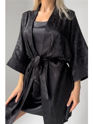 Coccolarsi Serenata Mattutina Siyah Jakarlı Saten Gecelik ve Sabahlık Takımı