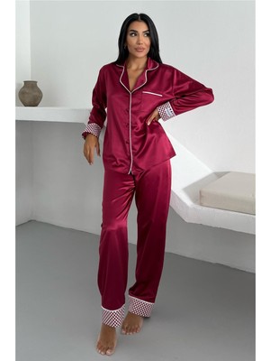 Coccolarsi Liscio E Quadri Bordo Saten Uzun Pijama Takımı