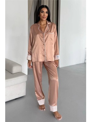 Coccolarsi Liscio E Quadri Bej Saten Uzun Pijama Takımı