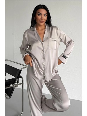 Coccolarsi Nobiltà Della Notte Gri Saten Uzun Pijama Takımı