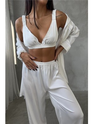 Coccolarsi Vento Della Notte Beyaz Saten Uzun Üçlü Pijama Takımı