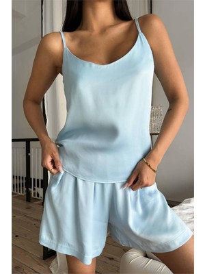 Coccolarsi Düz Bebe Mavi Askılı ve Şortlu Floş Saten Pijama Takımı