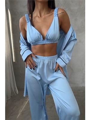 Coccolarsi Vento Della Notte Bebe Mavisi Saten Uzun Üçlü Pijama Takımı