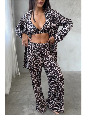 Coccolarsi Leopardo Marrone Saten Uzun Üçlü Pijama Takımı