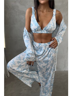 Coccolarsi Alberi Blu Saten Uzun Üçlü Pijama Takımı