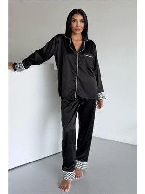 Coccolarsi Liscio E Quadri Siyah Saten Uzun Pijama Takımı