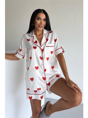 Coccolarsi Cuori In Bianco Saten Kısa Pijama Takımı