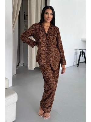 Coccolarsi Leopar Selvaggio Kahverengi Uzun Pijama Takımı