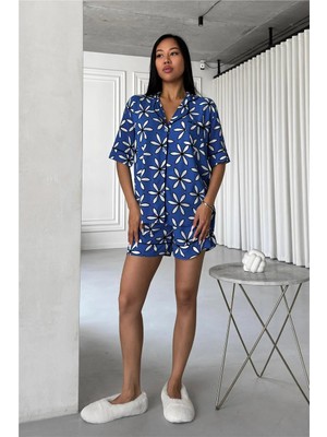 Coccolarsi L'ınnocenza Della Margherita Mavi Viskon Kısa Pijama Takımı