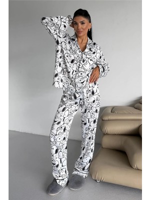 Coccolarsi Cagnolino Carino Beyaz Saten Uzun Pijama Takımı