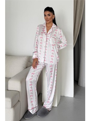 Coccolarsi Fiocco Rosa Saten Uzun Pijama Takımı