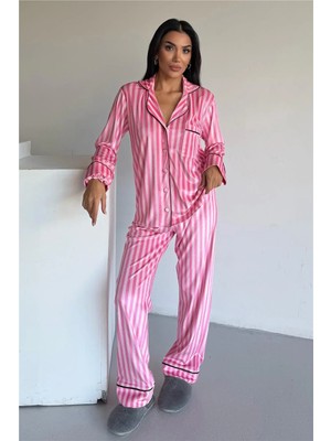 Coccolarsi Strisce Rosa Scuro Chiaro Kadife Uzun Pijama Takımı