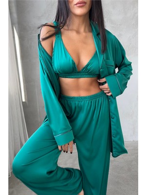 Coccolarsi Vento Della Notte Zümrüt Yeşili Saten Uzun Üçlü Pijama Takımı