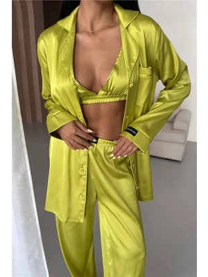Coccolarsi Vento Della Notte Yağ Yeşili Saten Uzun Üçlü Pijama Takımı