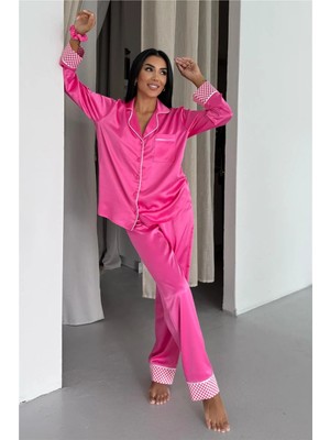 Coccolarsi Liscio E Quadri Fuşya Saten Uzun Pijama Takımı