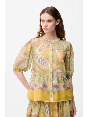 Adl Büzgü Detaylı Desenli Bluz Mor 13046665000